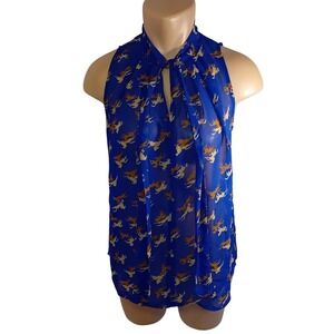 2010s E-Lady‎ Sheer Oversized Chiffon Horse Twee Sleeveless Blouse Tie Neck XS